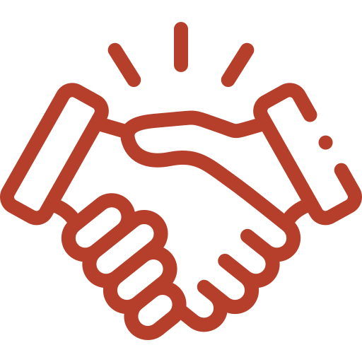 Icon featuring a red outline of shaking hands, symbolising collaboration and strategic partnerships throughout The Value Search Team's history and journey