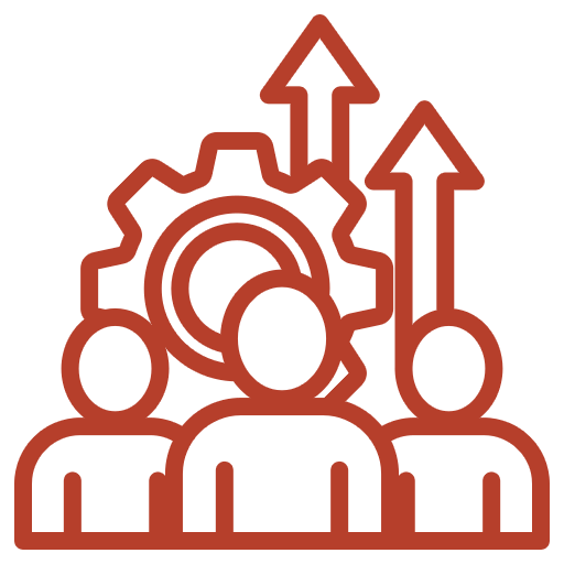 Icon featuring three people around a cog with arrows pointing outward, symbolizing teamwork, collaboration, and the dynamic processes involved in value management and operational efficiency.