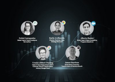 Black and white portraits of panelists, arranged in circular frames, highlighting the speakers from the second TVST live event on value realisation.