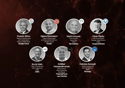 7 black and white portraits of faces arranged in circular frames, with company logos and names underneath, representing the panelists from the first TVST live value management roundtable event.