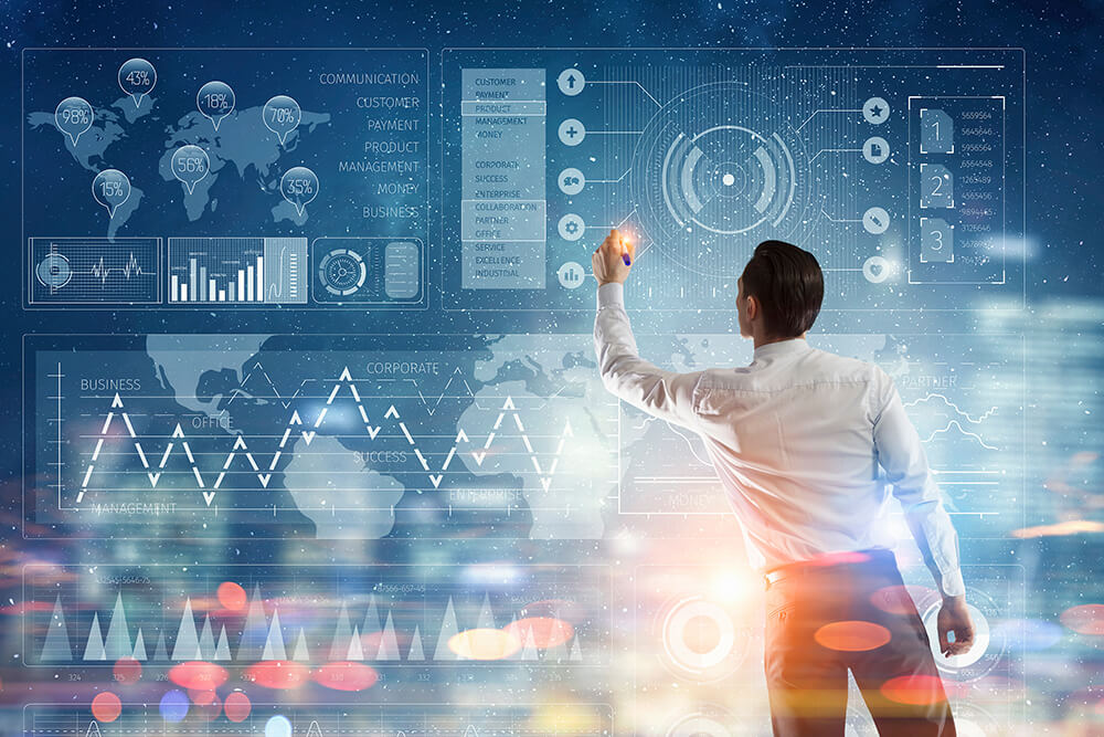 Man writing on a digital screen with blue and purple tones, representing professional assistance and the development of value management service delivery models